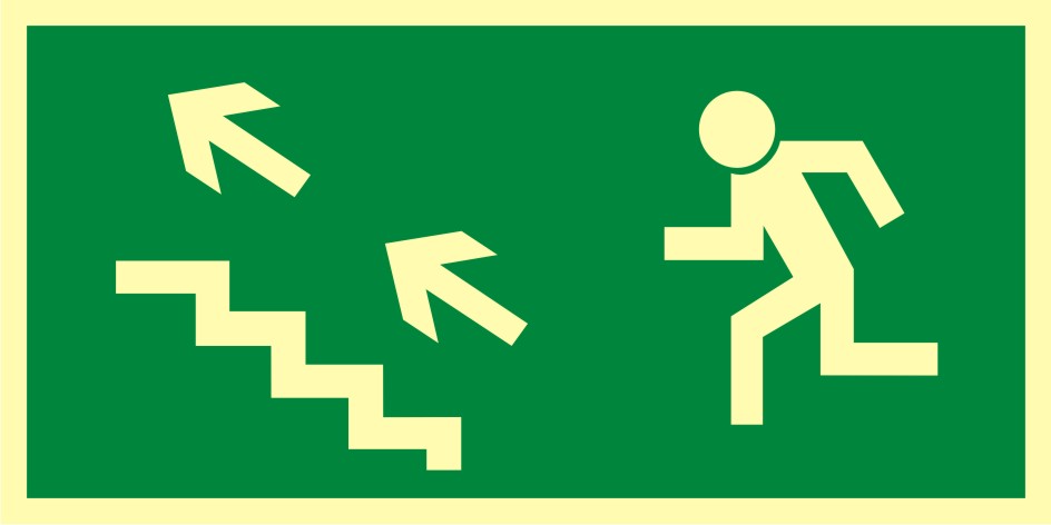 Znak ewakuacyjny Kierunek do wyjścia drogi ewakuacyjnej schodami w górę w lewo