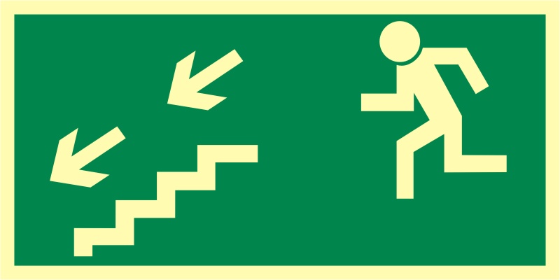 Znak ewakuacyjny Kierunek do wyjścia drogi ewakuacyjnej schodami w dół w lewo