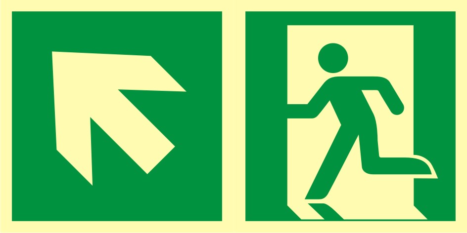 Znak ewakuacyjny Kierunek do wyjścia ewakuacyjnego - w górę w lewo