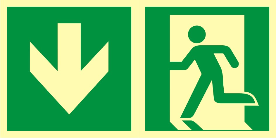 Znak ewakuacyjny Kierunek do wyjścia ewakuacyjnego - w dół (lewostronny)