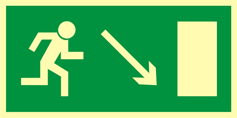 Znak ewakuacyjny Kierunek do wyjścia drogi ewakuacyjnej w dół w prawo