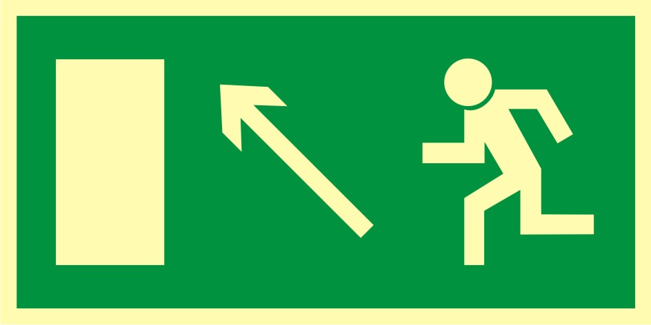 Znak ewakuacyjny Kierunek do wyjścia drogi ewakuacyjnej w górę w lewo