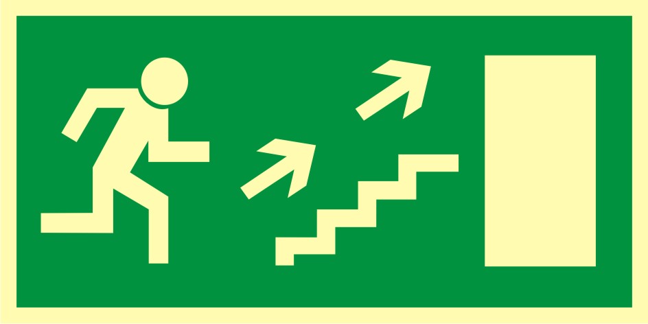 Znak ewakuacyjny Kierunek do wyjścia drogi ewakuacyjnej schodami w górę w prawo 2