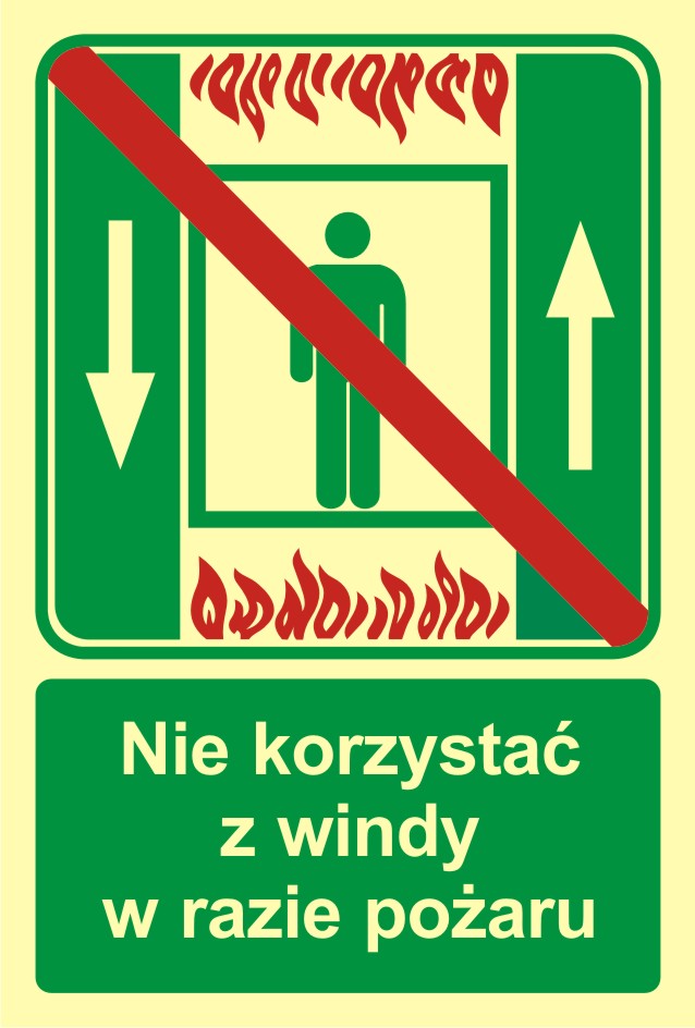 Znak ewakuacyjny Zakaz korzystania z dźwigu osob. w razie pożaru