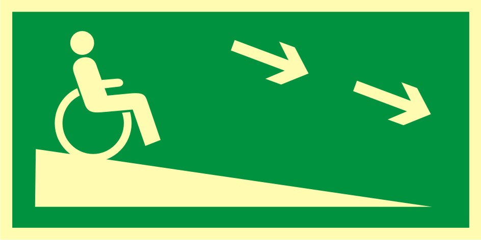 Znak ewakuacyjny Zjazd ewakuacyjny na niższą kondygnację dla niepełnosprawnych w prawo