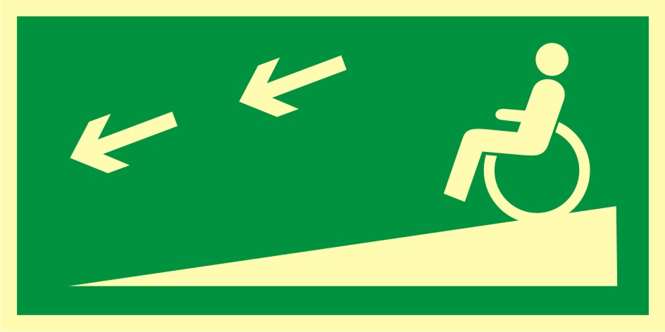 Znak ewakuacyjny Zjazd ewakuacyjny na niższą kondygnację dla niepełnosprawnych w lewo