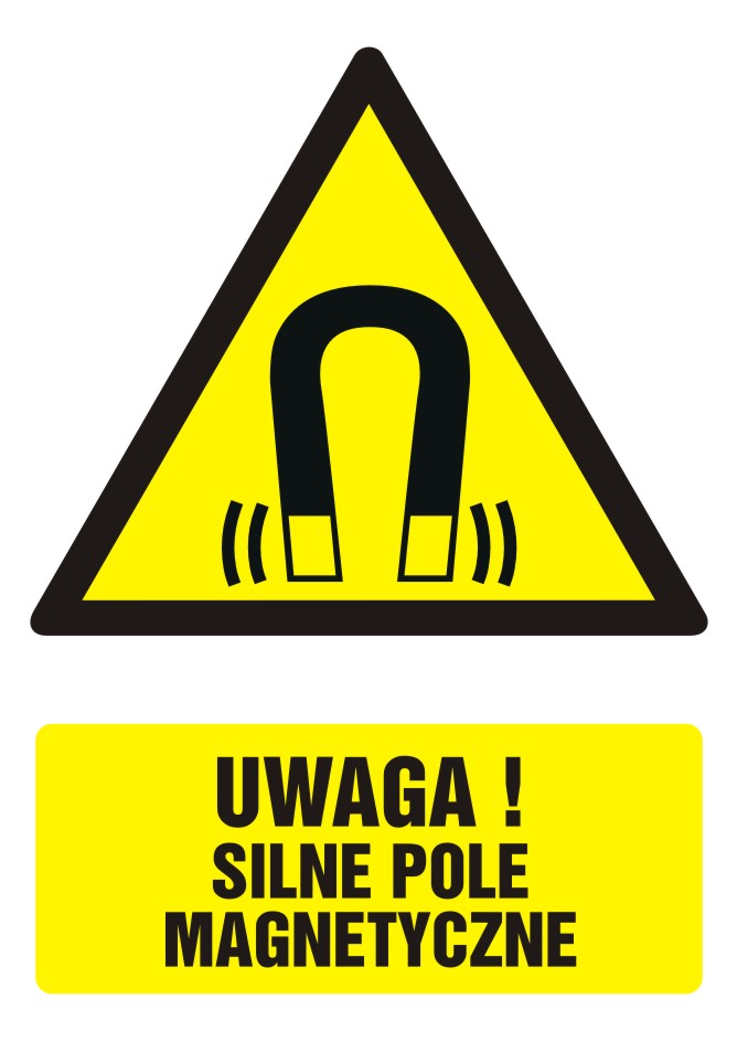 Znak UWAGA! silne pole magnetyczne z opisem