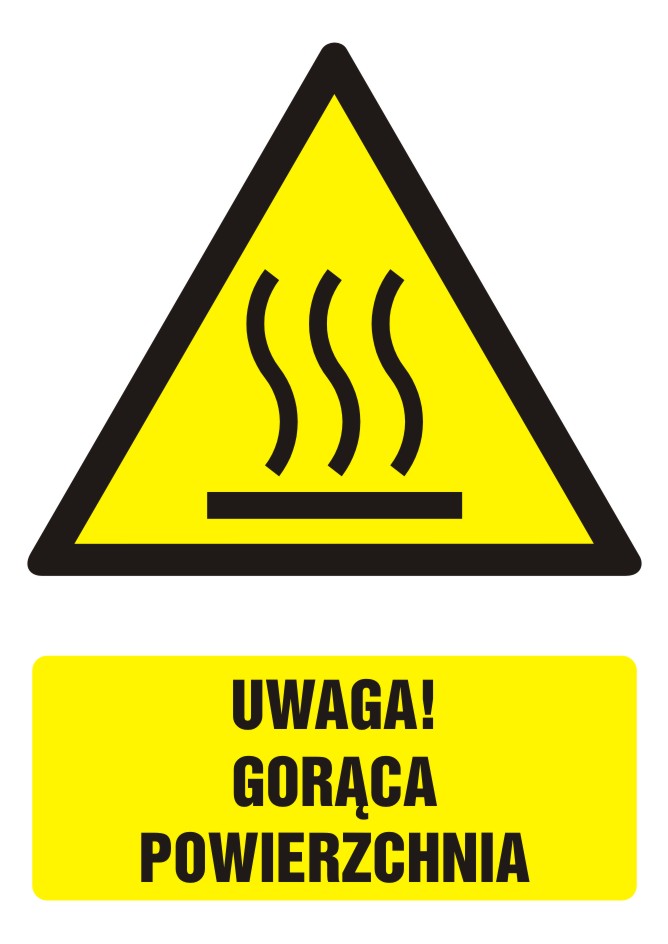 Znak UWAGA! Gorąca powierzchnia z opisem 2