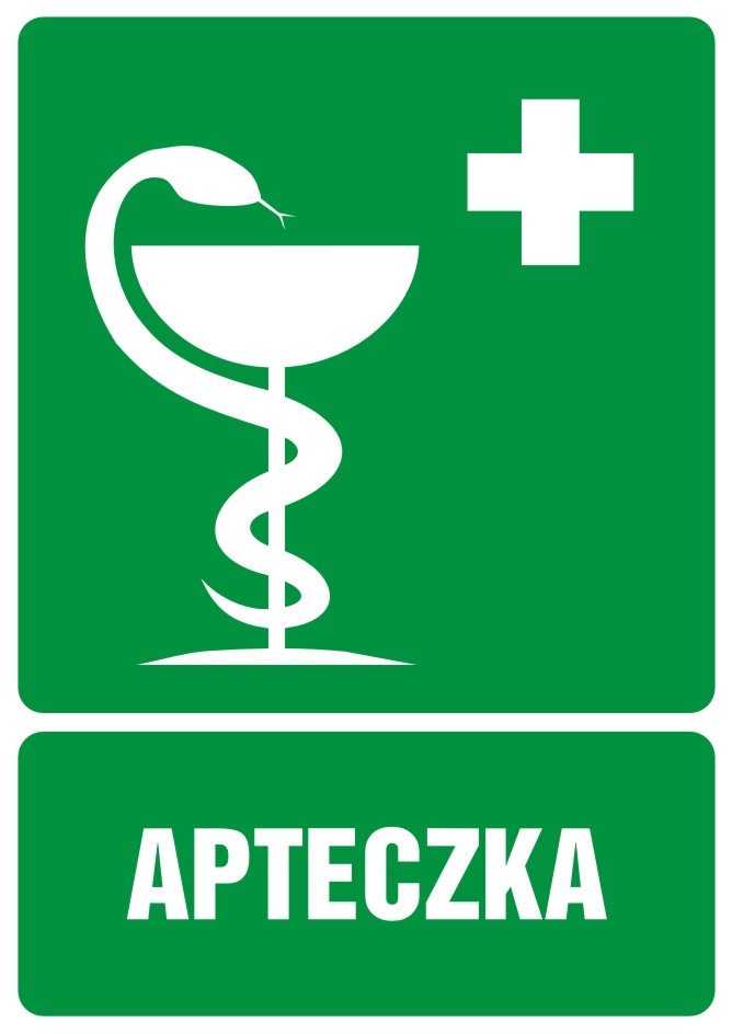 Znak informacyjny Apteczka pierwszej pomocy z opisem